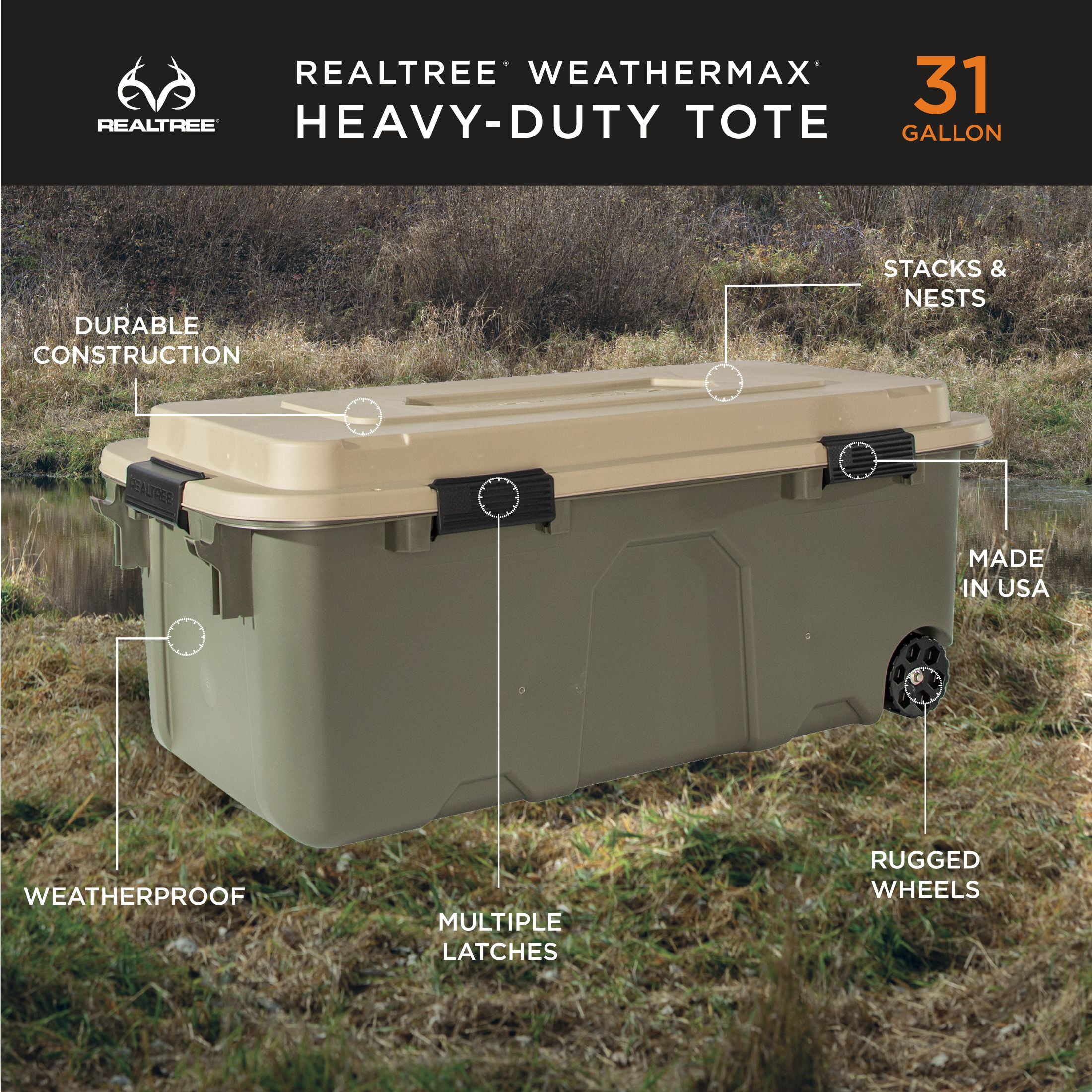 Realtree® WEATHERMAX™ 31 Gallon Green and Tan Wheeled Storage Tote with Latching Lid, Heavy Duty Plastic Storage Bin