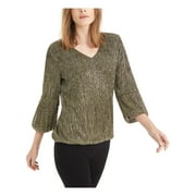 ALFANI Womens Gold Metallic Bubble 3/4 Sleeve V Neck Party Top Petites PP