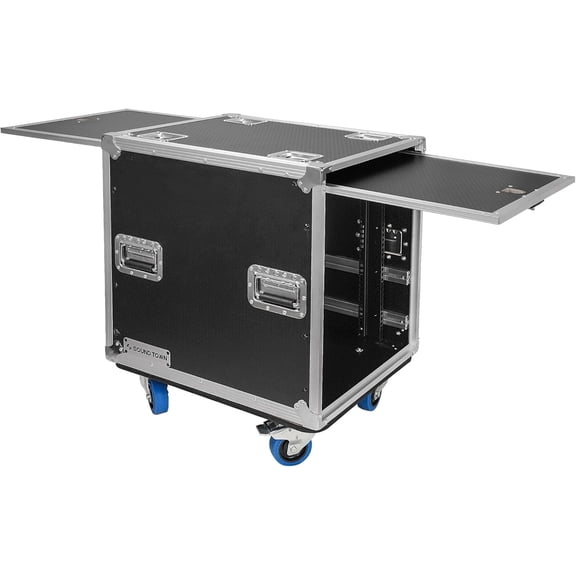 Sound Town 12U Slam Rack Road Case with Sliding Doors, Adjustable Rack Depth, Casters, 12mm PVC-Laminated Plywood, for PA/DJ Gear (STPR-12)