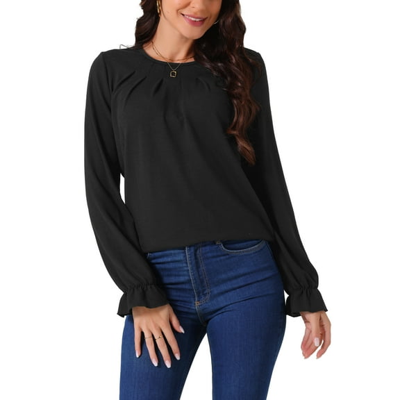 INSPIRE CHIC Women's Crew Neck Long Sleeve Smocked Cuff Simple Casual Tops Fall Winter Fashion T Shirt