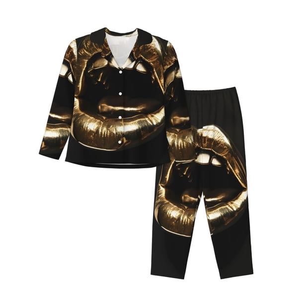 Balery Golden Lips Modern Sculpture Conjunto de Pijama con Estampado para Mujer, Conjunto de Dos Piezas con Manga Larga, Ropa de Dormir Suave con Bolsillos, Pijamas Cómodos-XX-Large