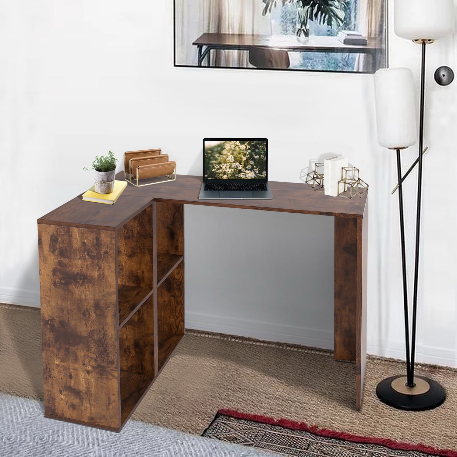 Kepooman L-shaped Computer Desk, Wooden Desk Corner Computer Desk With Two Open Shelves for Company Office, Home Office, Brown Kepooman L-shaped Computer Desk, Wooden Desk Corner Computer Desk With Two Open Shelves for Company Office, Home Office, Brown