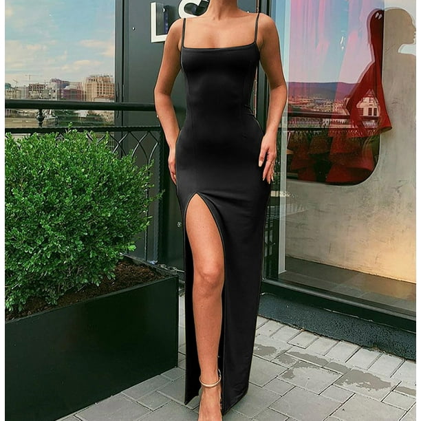 Women Fashion Soild Spaghetti Strap Off Shoulder Split Sleeveless