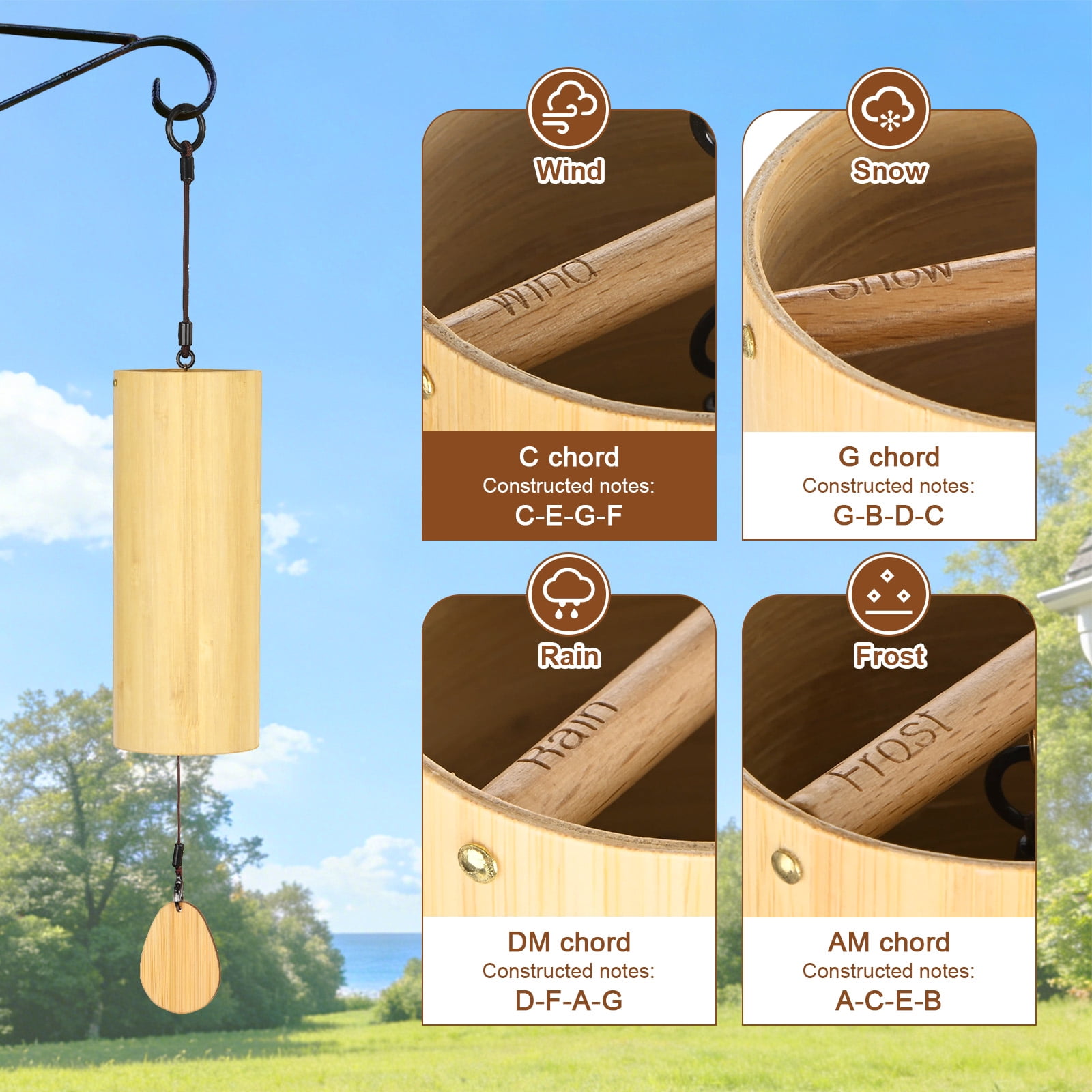 Uxcell Bamboo Wind Chimes for Meditation, Relaxing Emotions, Wooden Handcrafted Chimes for Unique Decor, Gardening Gift for Outdoor Decoration [C Chord]