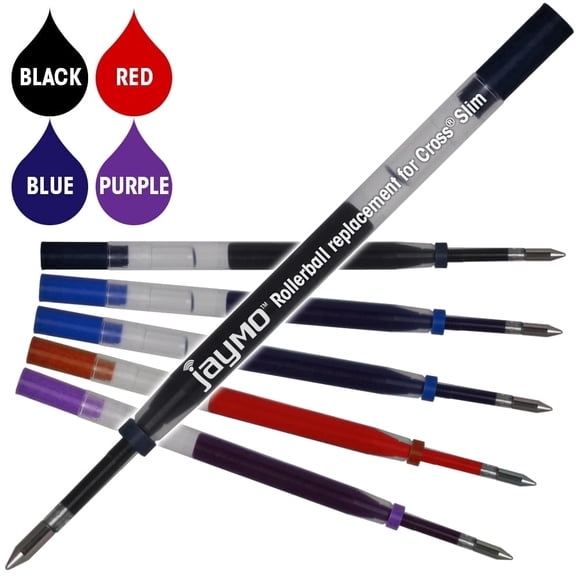 Jaymo Replacement for Cross Slim 8910 - Measures 4 in / 102 mm Long - Gel Rolling Ball Pen Refill - 2 Black 2 Blue Red Purple