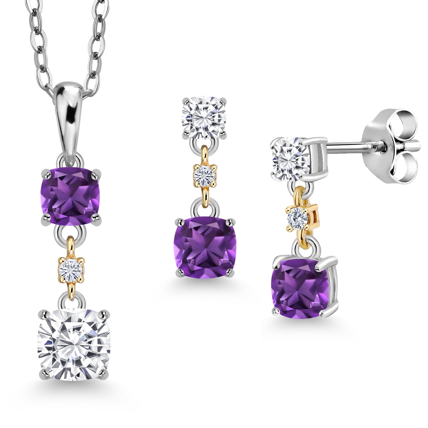 Gem Stone King 925 Sterling Silver and 10k Yellow Gold White Moissanite and Purple Amethyst Pendant and Earrings Jewelry Set for Women (1.75 Cttw, Cushion 5MM, 4MM, 3MM, with 18 inch Chain)