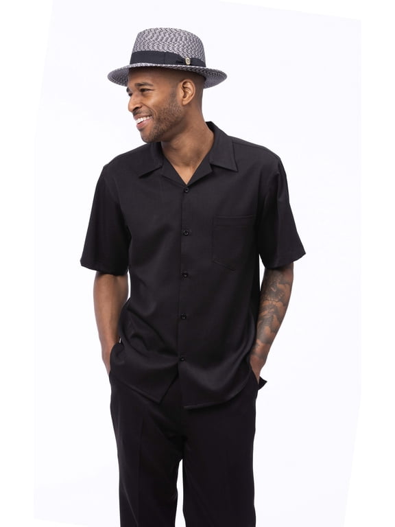 Montique Black Walking Suit Solid Color Short Sleeve Shirt Men's Leisure Suit 696