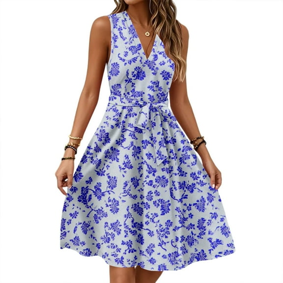 Casual Dresses For Women, Smocked Floral Casual V Neck Sleeveless Tunic Tank Dress Cocktail Beach Vacation Formal Dresses Midi Medieval Women Hippie Clothes Dresses Shirt (XXL, Dark Blue) ZMTing