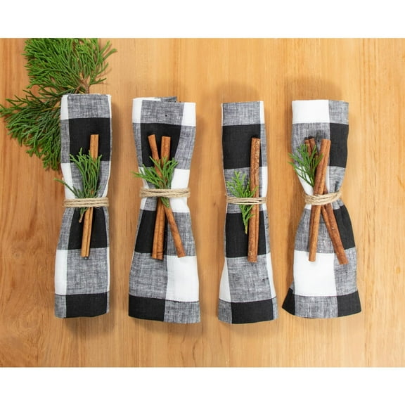 Solino Home Checkered Dinner Napkins Set of 4 - 100% Pure Linen Black and White Buffalo Plaid Cloth Napkins 20 x 20 Inch for Winter, Holiday - Handcrafted and Machine Washable