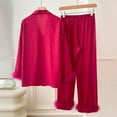 thumbnail image 3 of Gibobby Pijama de dos piezas para mujer Pijamas de seda de hielo con solapa y botones de manga larga con plumas sexis para mujer, traje de dos piezas para el(Rosa caliente,G), 3 of 5