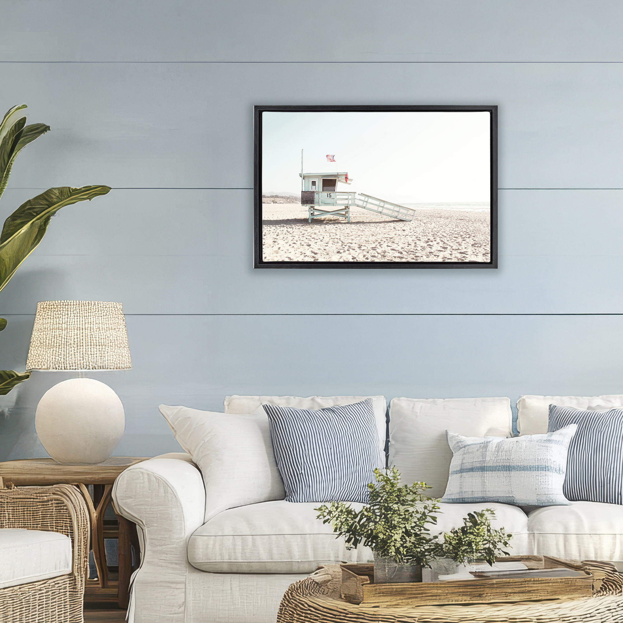 Lifeguard Hut Sunny Day Black Framed Floater Canvas Wall Art, design by Sisi and Seb