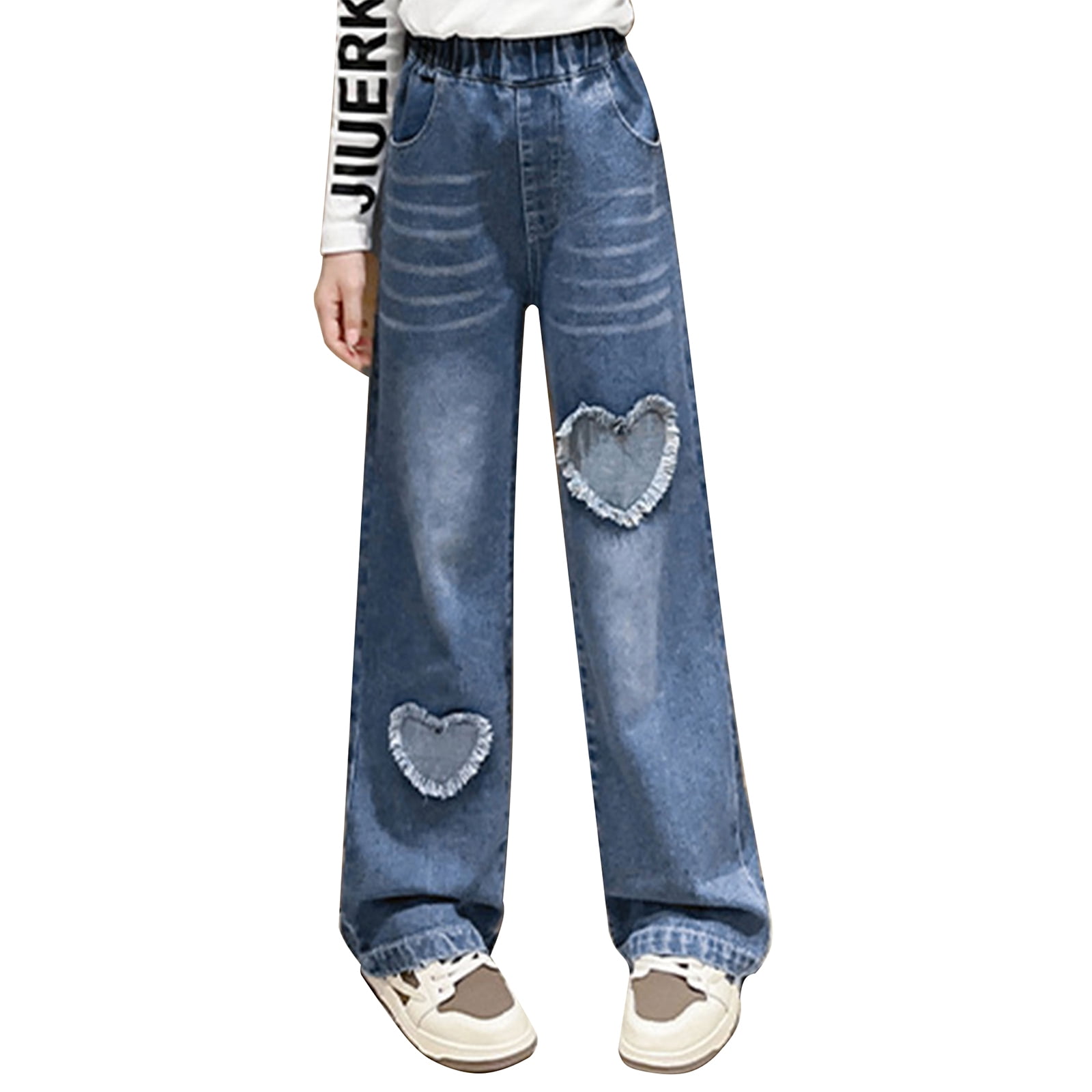 Sinleey Kids Girls Raw Edge Heart-Shaped Patch Wide Leg