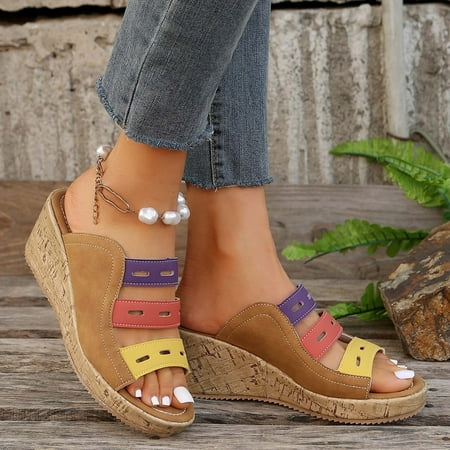 Summer Savings  Women s Summer Large Size Muffin Fish Mouth Wedge Sandals  Mixed Colors  Comfortable for Travel  Easy to Clean  Casual Beach Shoes  Shirts for Women Plus Size | Khaki 41  Sopatenor