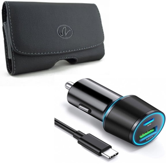Quick Car Charger & Case Belt Clip for iPhone 15 Pro Max - 36W 2-Port USB Cable Type-C PD Power and Leather Swivel Holster Loops Q1P for iPhone 15 Pro Max (6.7")