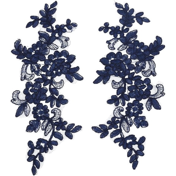 2 Pair Flower Embroidery Lace Applique Marine Blue Polyester Floral Patch Sewing Craft Decoration Appliques Repair Patches for Wedding Dress Gown Bodice Costume Clothing Craft DIY