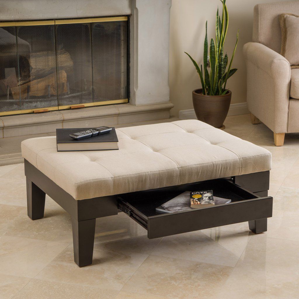 GHP 40 5"x29 5"x17 75" Natural Fabric Tufted Ottoman
