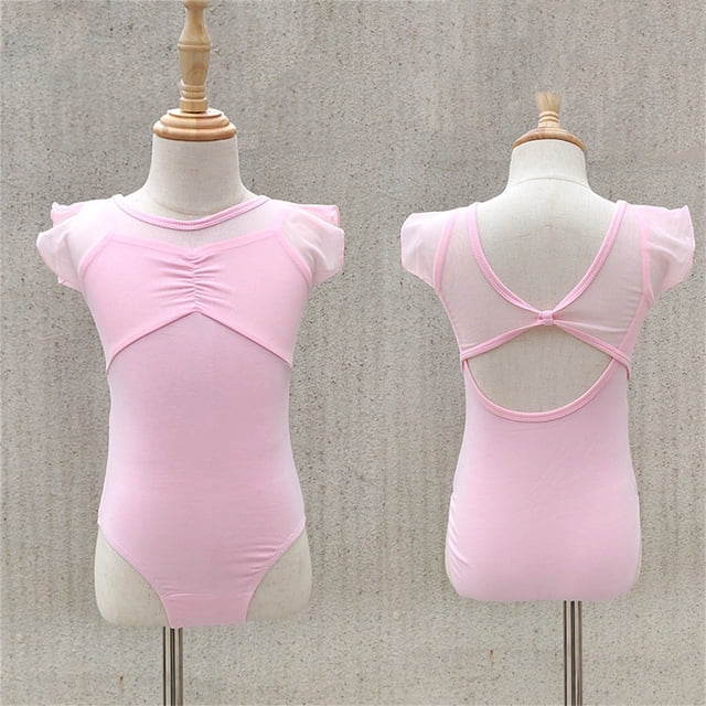 Children's Solid Color Short Sleeved Round Neck Dance Suit Mesh Practice Suit Girls' Jumpsuit