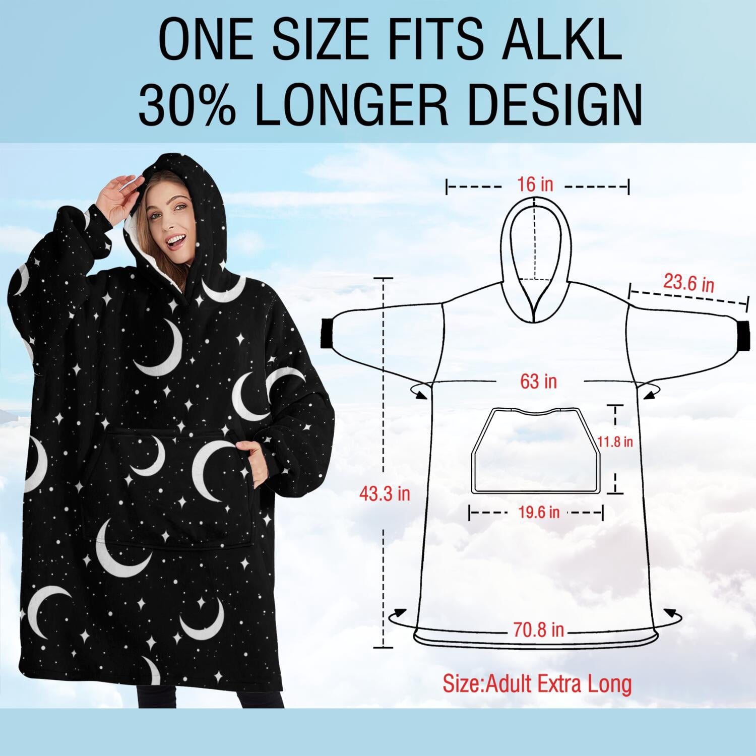 Oversized Wearable Blanket Hoodie,Black Moon Star Pattern Sherpa Blanket Hoodie with Super Pockets,Super Warm Fuzzy Pullover for Women & Men