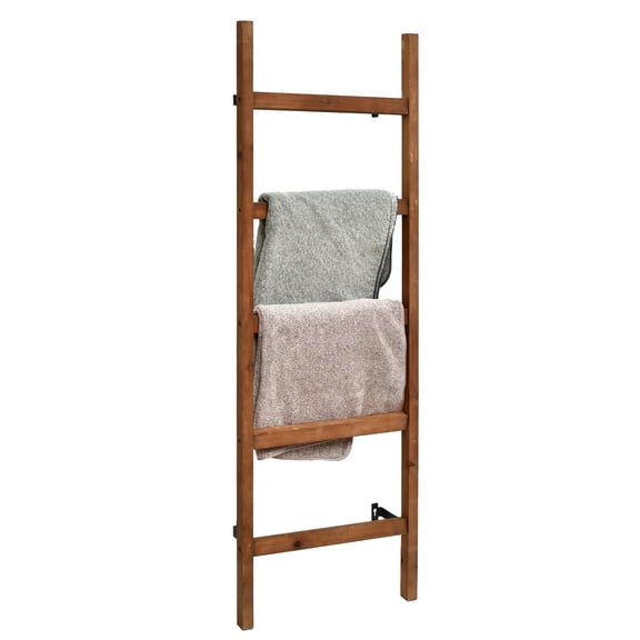 FUIN Blanket Ladder, 57in Wall Mounted Solid Wood Decor Rustic Rack, Brown