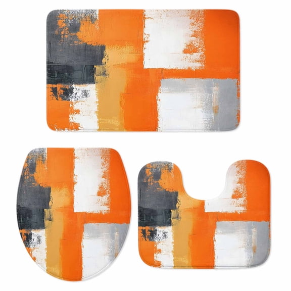 Burnt Orange Grey Bath Mat 3 Piece Bathroom Rug Set, Modern Oil Painted Art Abstract Non Slip Bath Rug Contour Mat and Toilet Lid Cover, Absorbent Shower Mats Soft Bath Rugs and Mats Sets