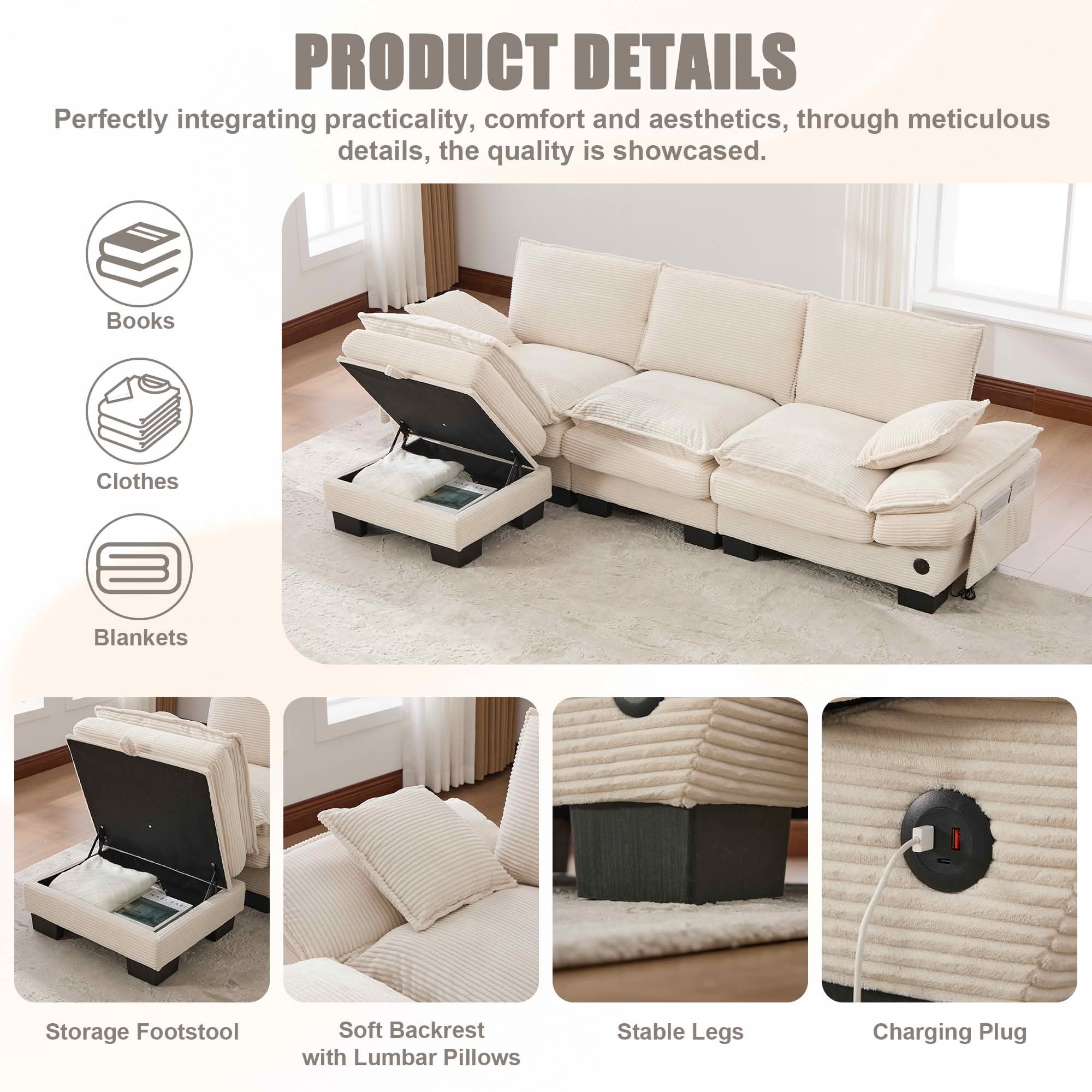 MAYEERTY Ottoman Footstool, Modular Cloud Sofa Footrest with Storage, Soft Corduroy, No Assembly, Beige