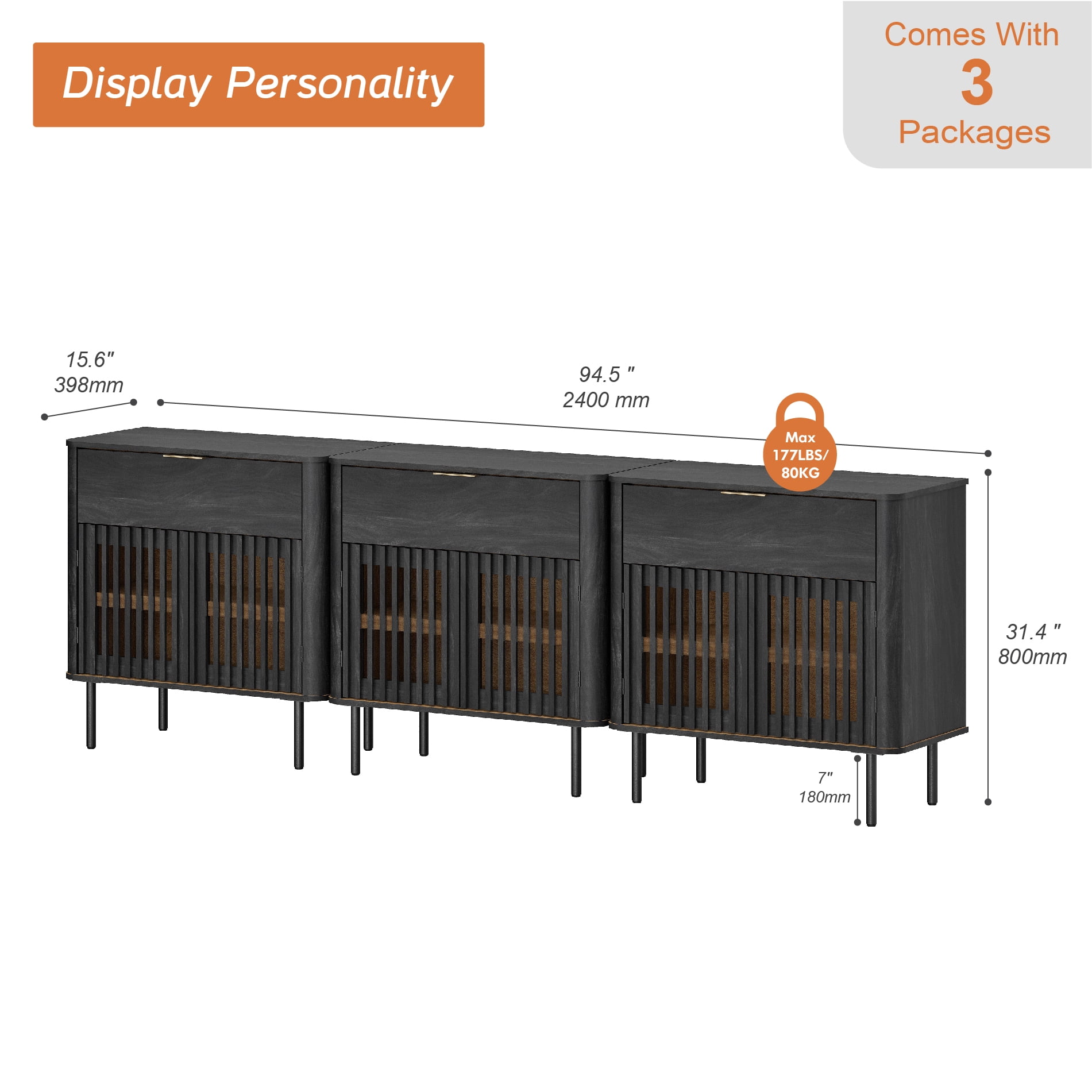 94.5" Sideboard Buffet Cabinet with Storage - Fluted Kitchen Credenza Cabinet with Pop-up Doors and Drawer, Black