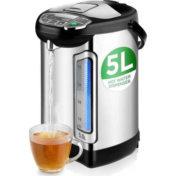 Nutrichef Electric Water Boiler and Warmer - 5L/5.28 Qt Stainless Steel Hot Water Dispenser, Black