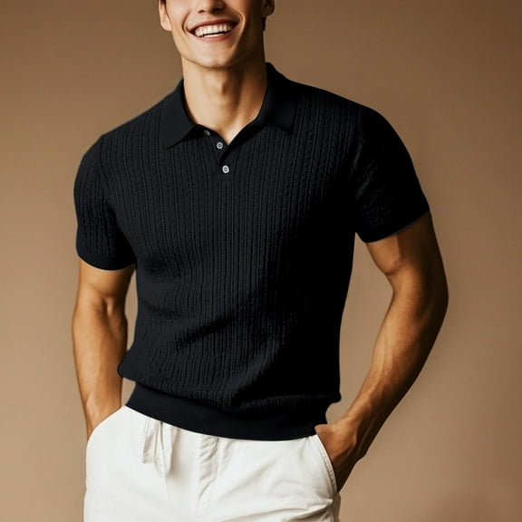 Homeyce Polo Shirts for Men Short Sleeve Collared Polo Shirts Texture Knitted Solid Color Polo T Shirts Casual Summer Dry Fit Golf Shirt Tops,Black 3XL