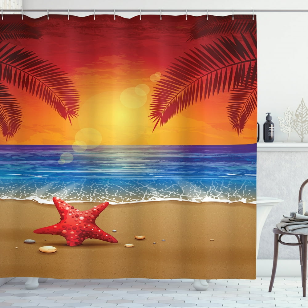 Tropical Decor Shower Curtain Set, Sunset Cartoon Illustration Beach