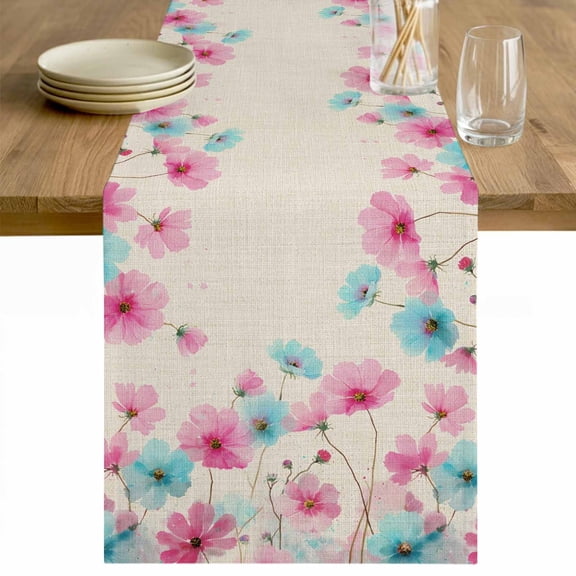 Blue Pink Flowers Table Runner 70 Inches Long Farmhouse Dress Scarves, Spring Garden Floral Rustic Burlap Dining Tablerunner for Coffee Table/Kitchen Island/Party Décor, 13" x 70"