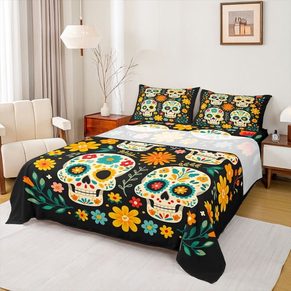 Homewish Folk Art Sugar Skull Bed Sheets for Women, Retro Boho Daisy Floral Full Size Sheets, 4-Piece, 1 Flat Sheet, 1 Fitted Sheet and 2 Pillowcases