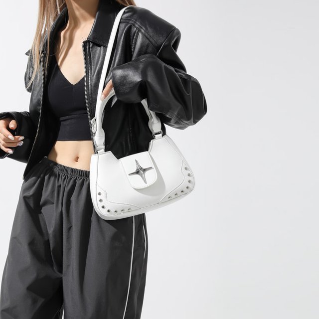 Bolso de mano con remaches de PU para mujer, bolso cruzado sólido con asa superior, bolso de hombro (blanco)