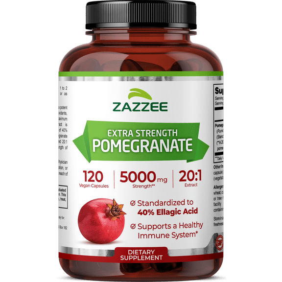 Zazzee Extra-Strength Pomegranate 20:1 Extract 5000 mg Strength – 120 Vegan Capsules – Standardized to 40% Ellagic Acid – Antioxidant, Heart & Immune Support – Vegan • Non-GMO • Made in USA