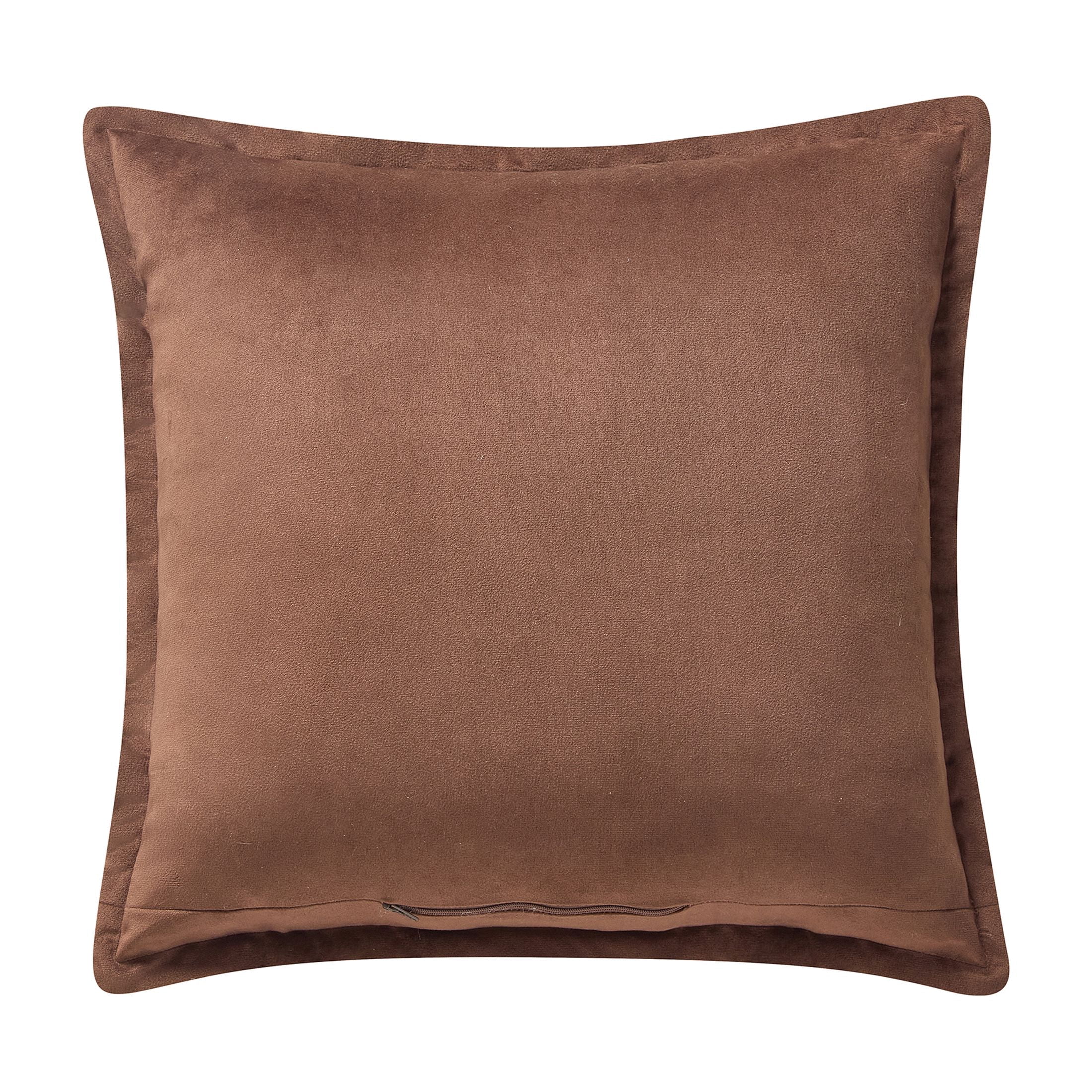 My Texas House 18 in x 18 in Brown Embroidered Leaves Velvet Decorative Pillow
