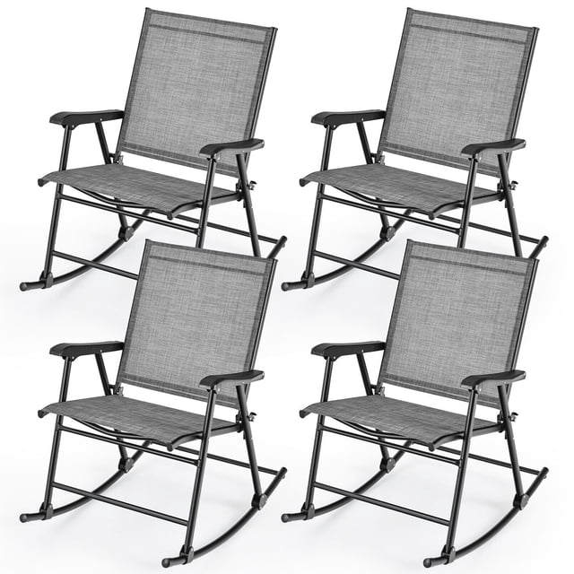 Gymax 4pcs Patio Folding Rocking Chair Heavy-Duty Metal Frame Rockers Outdoor Gray