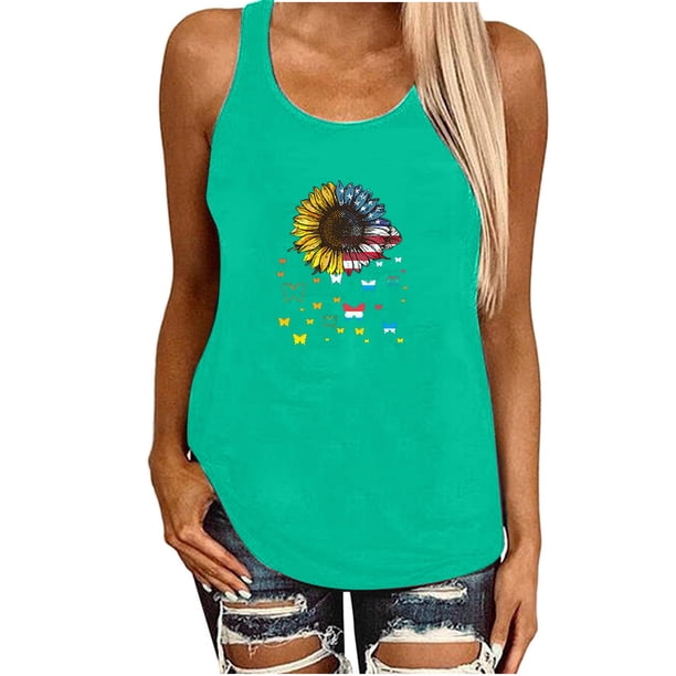 Blusa sin mangas con cuello redondo y estampado de girasol para mujer Fridja gh3049