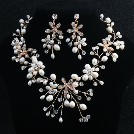 Alloy Fresh Water Pearl Rhinestone Jewelry sets Include Earrings & Necklaces Flower Golden 370mm