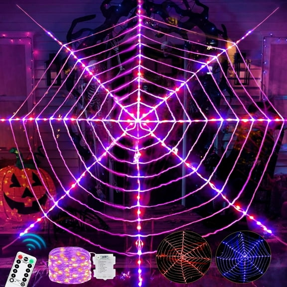 EP 144 LED Spider Web Lights Decor, Net Light Decoration 12Ft Giant Round Light up Net with Remote Control (8 Light Modes & Timer), Decoration for Garden Indoor Outdoor, Purple Orange