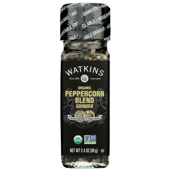 Watkins Gourmet Organic Spice Grinder, Peppercorn Blend, 2.4 oz (Glass Container, Shelf Stable, Fish-Free)