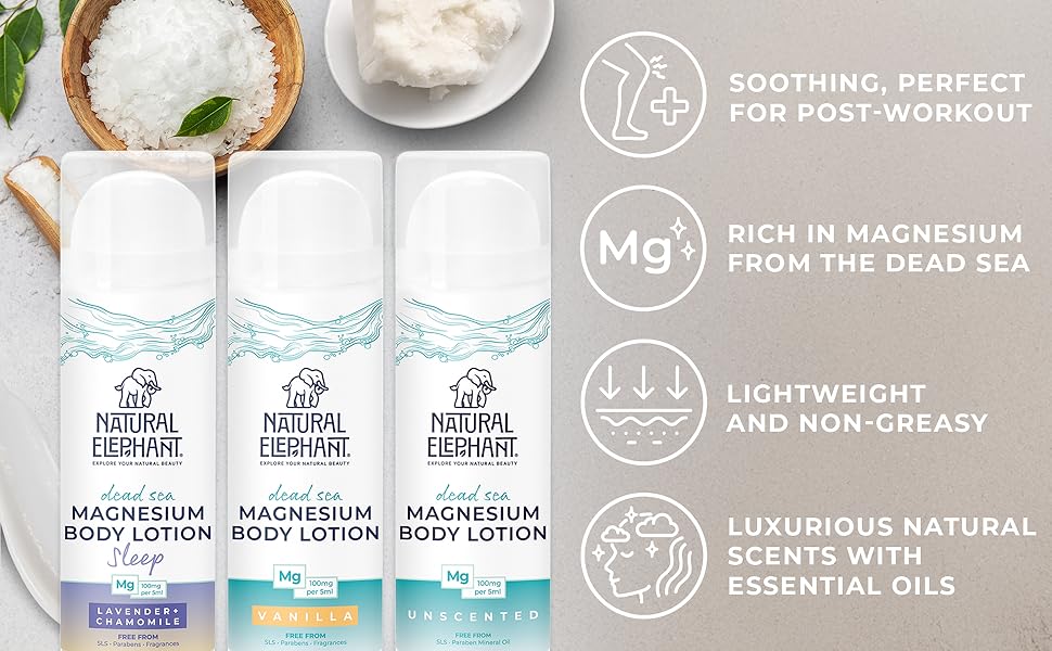 Natural Elephant Dead Sea Magnesium Lotion – Vanilla Scented Body Moisturizer | Topical Magnesium with Dead Sea Minerals – 5 oz (150 ml)