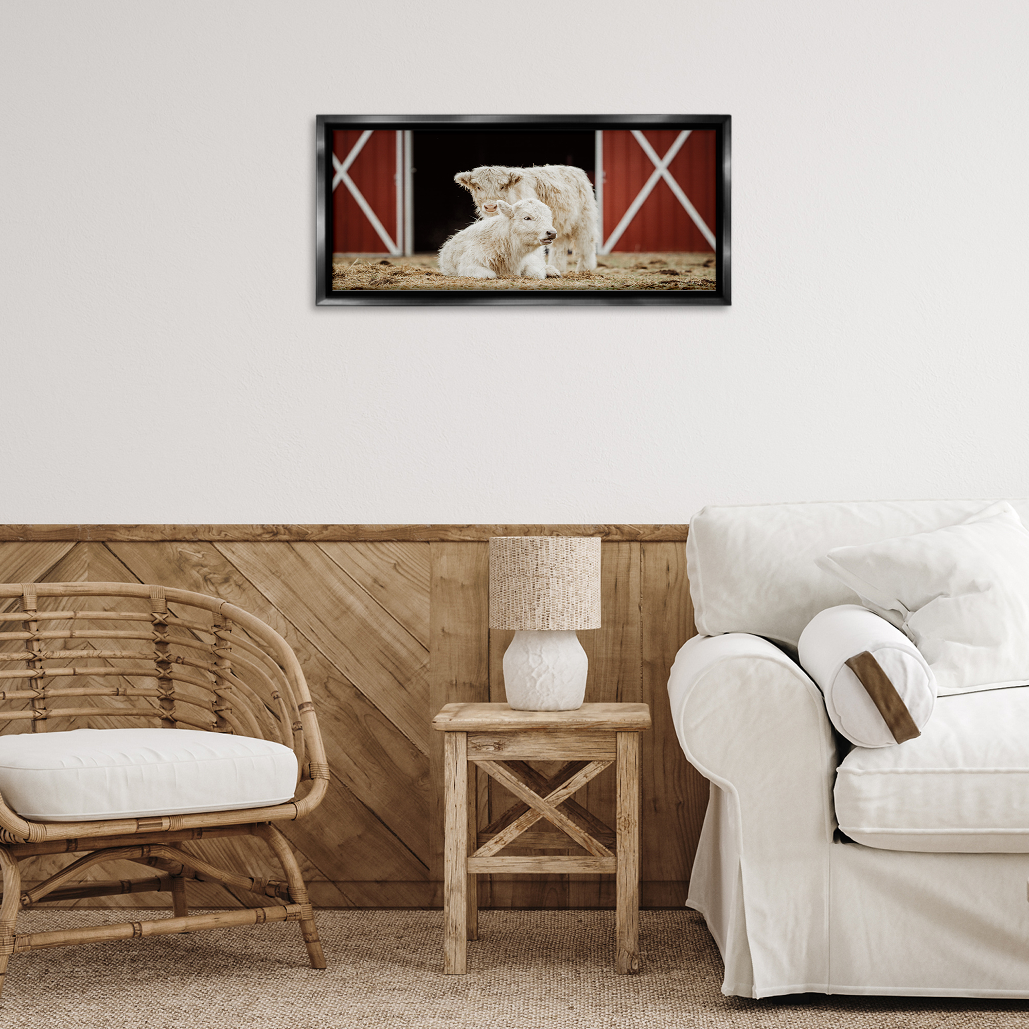 Stupell Industries White Cattle Barn Animals & Insects Photography Black Floater Framed Canvas Art Print Wall Art, 25 x 11