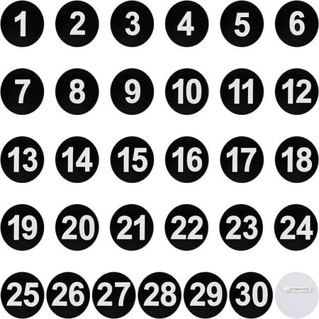 1 Set Flat Round with Number Plastic Brooches Set Num. 1~30 Lapel Pins for Backpack Clothes Black 49x6.5mm Pin: 0.7mm 30Pcs/set
