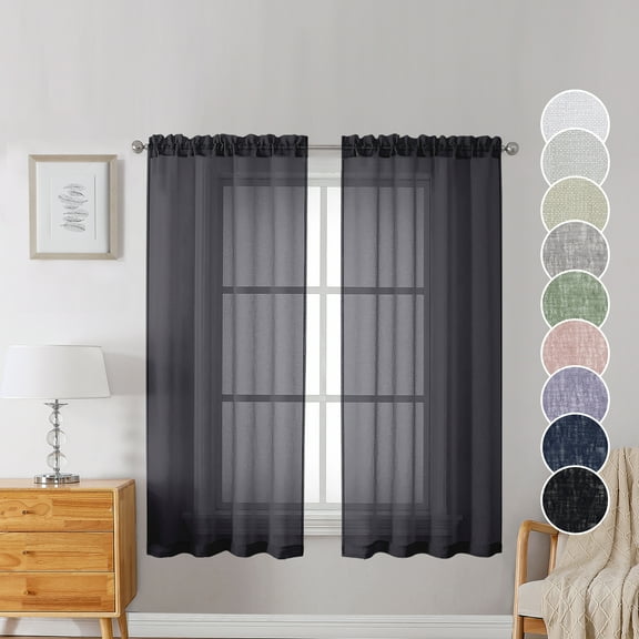 OVZME Dolly 54 Inch Black Semi Sheer Curtains for Living Room 2 Panels, Balance Light & Breathable Faux Linen Texture Kitchen Curtain for Small Window, Dual Rod Pockets Solid Short Drapes, 30Wx54L