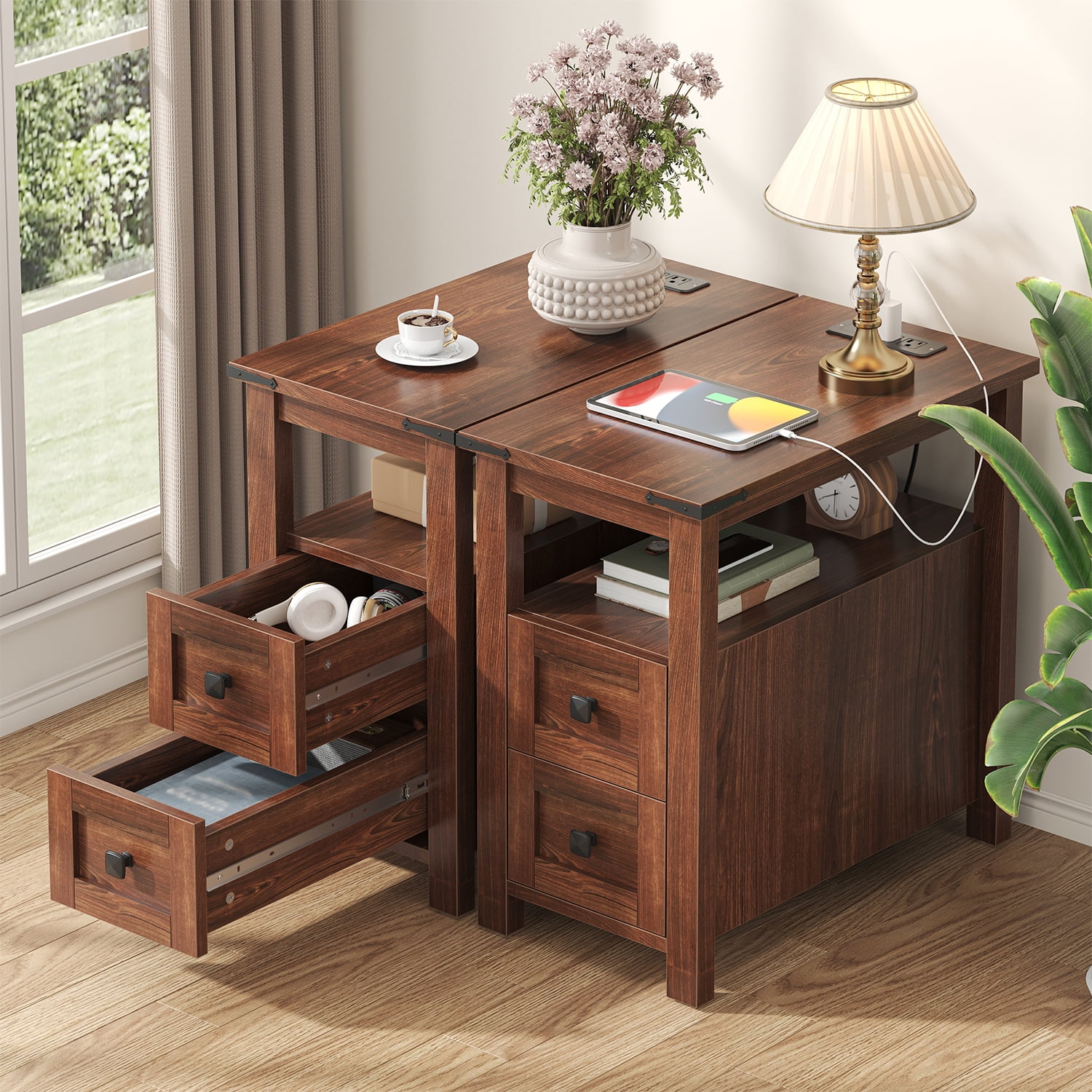 VVFLU Farmhouse End Table with Charging Station, Cherry Nightstand Narrow, Skinny Slim Small, Bedroom