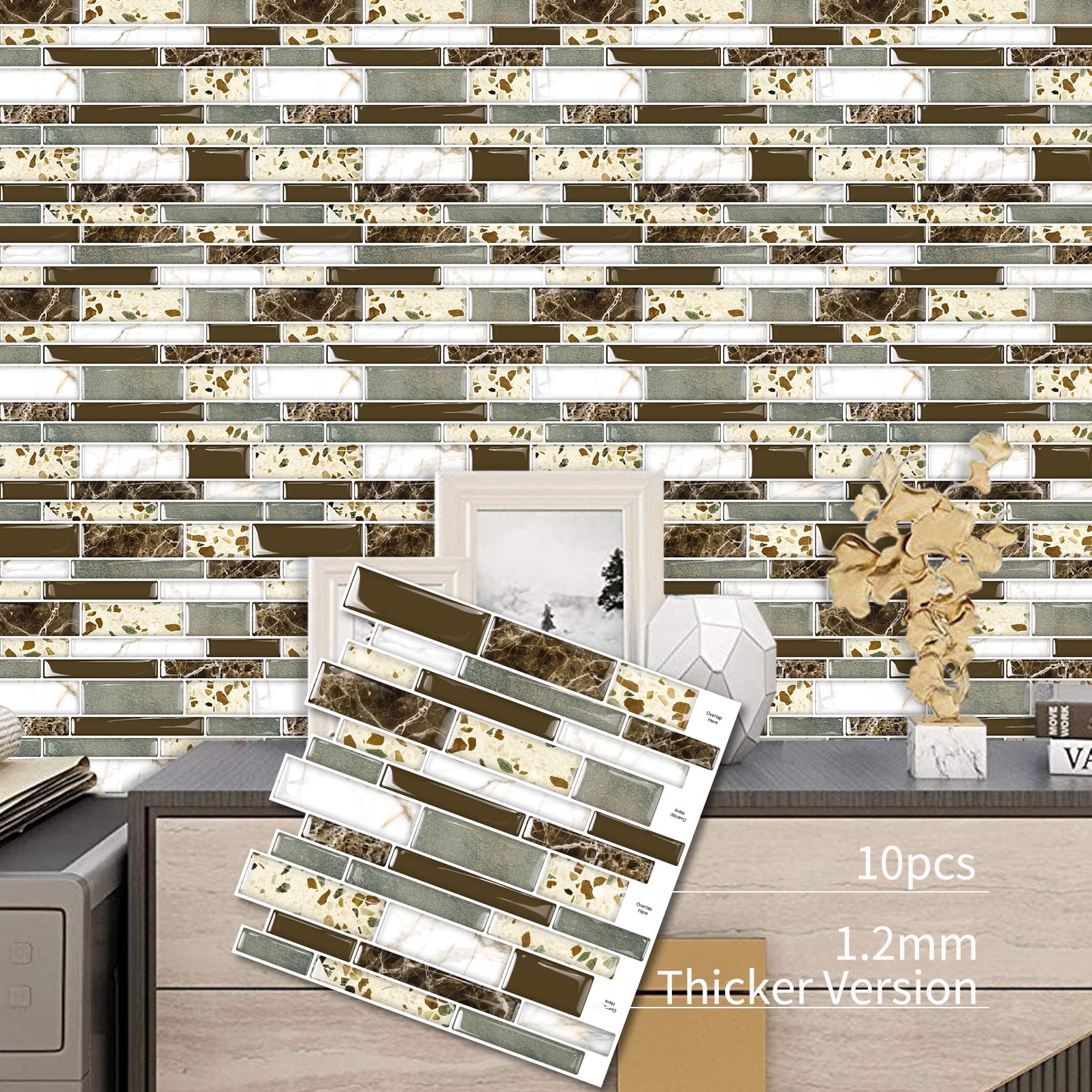 DEWOO Peel and Stick on Self Adhesive Backsplash Wall Marble Tiles Stickers 3D for Kitchen Bathroom,Brown (10-Sheet, 12"×12")