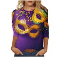 thumbnail image 2 of Cavosen Carnival Day Womens 3/4 Sleeve Tops T Shirts Festival Mardi Gras Round Neck Tops Mask Graphic Print Blouse Holiday Fashion Shirts Casual Athletic Tees Party Tuesday Purple S, 2 of 5