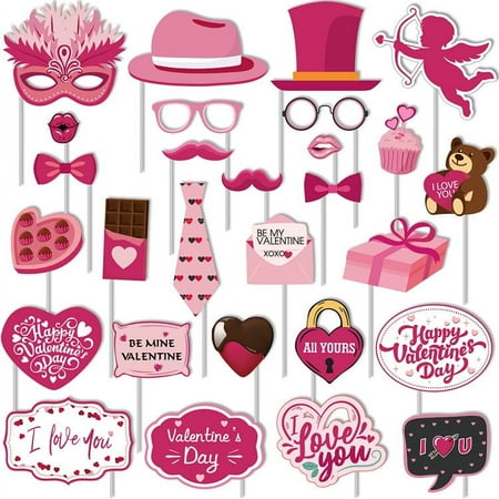 XUYIDAN Valentine's Day Photo Booth Props Pink Valentine's Day Wedding Photo Props, Includes Heart, Mustache, Lip, Party Supplies Favors for Holiday Wedding Engagement Birthday Anniversary, (28pcs)