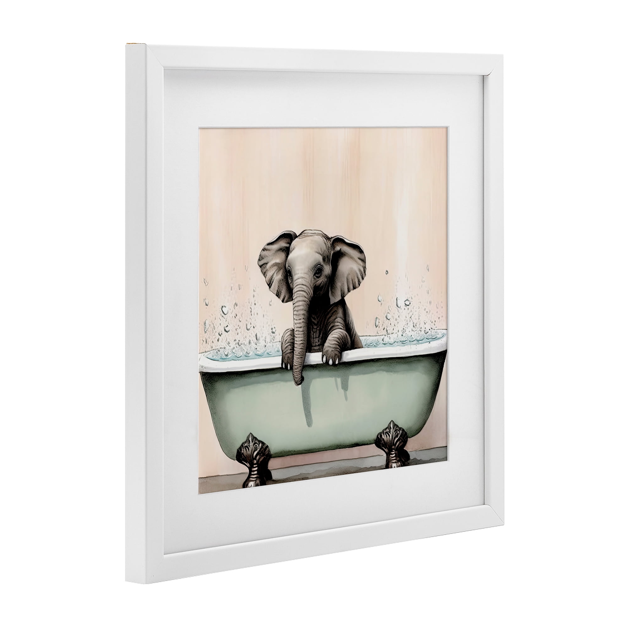 Baby Elephant Bathtime White Framed Print Under Glass, design by Sasha