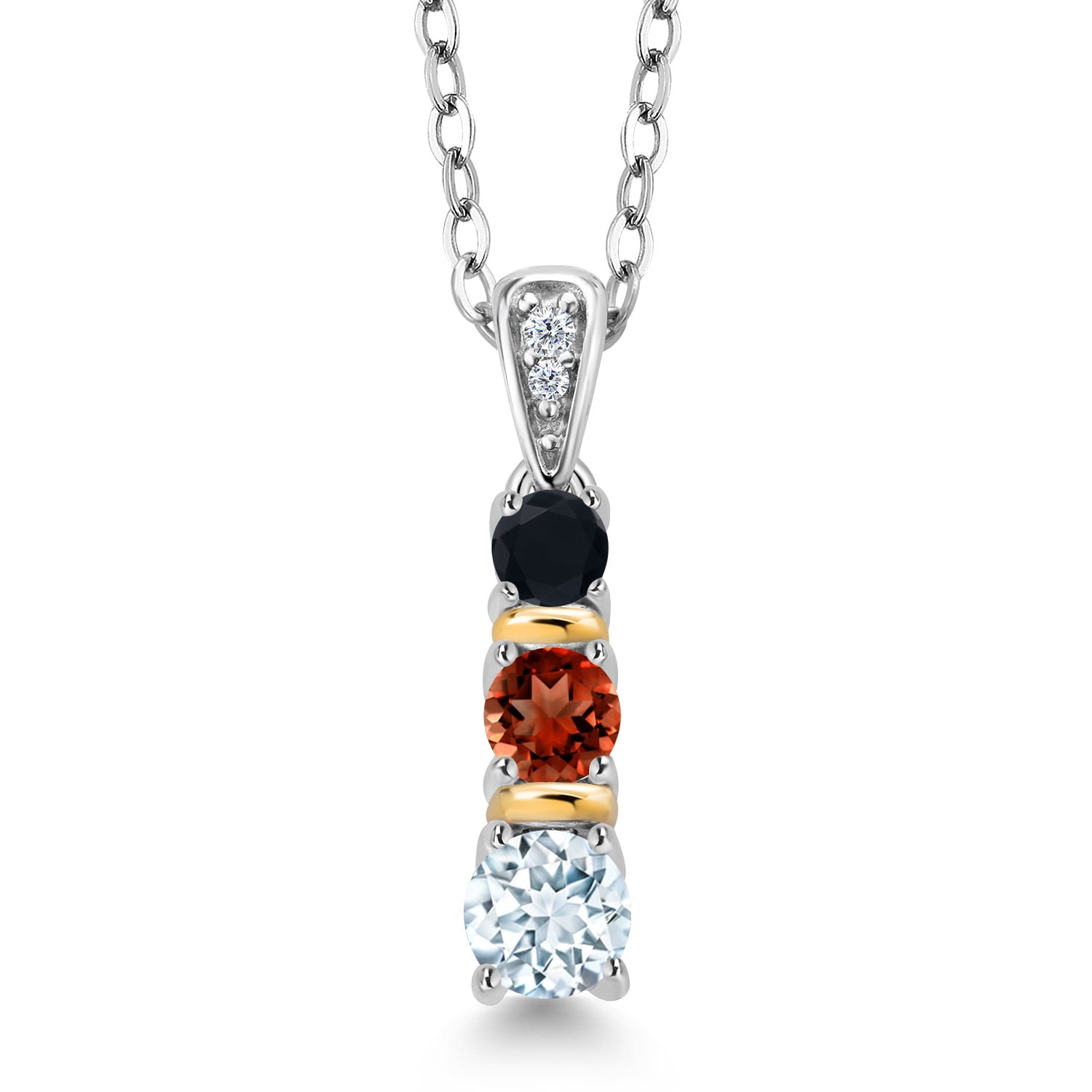 Gem Stone King 925 Silver and 10K Yellow Gold Round Sky Blue Aquamarine Red Garnet and Black Onyx Pendant Necklace for Women (0.55 Cttw, Gemstone March Birthstone, with 18 inch Chain)