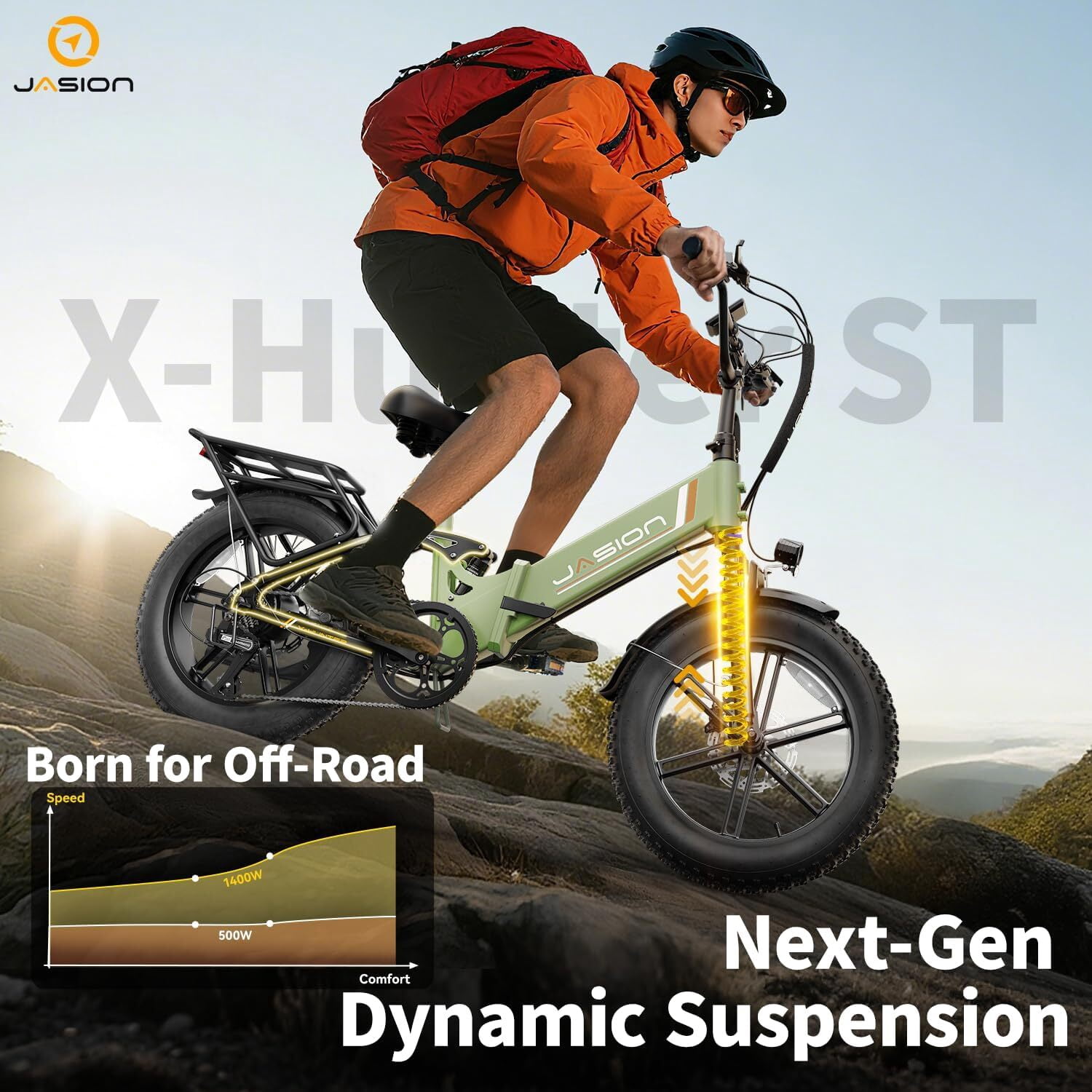Jasion X-Hunter ST Electric Bike, 750W Foldable Ebike with 48V 13AH Removable Battery, 20'' Fat Tire Electric Bicycles for Adults, Full Suspension, UL 2849